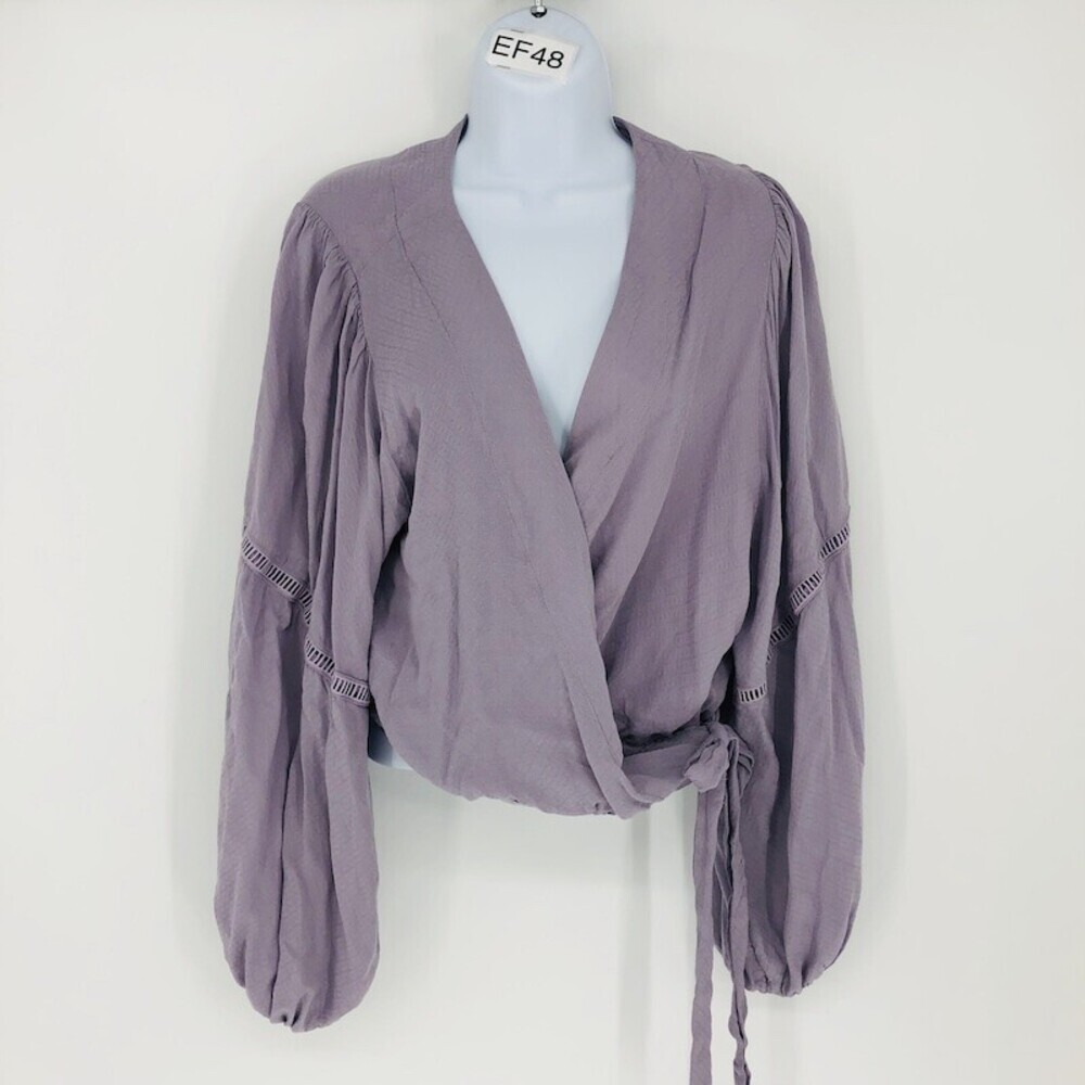 Free People Women's Solid Purple 100% Rayon Long Sleeve Wrap Blouse Size Small